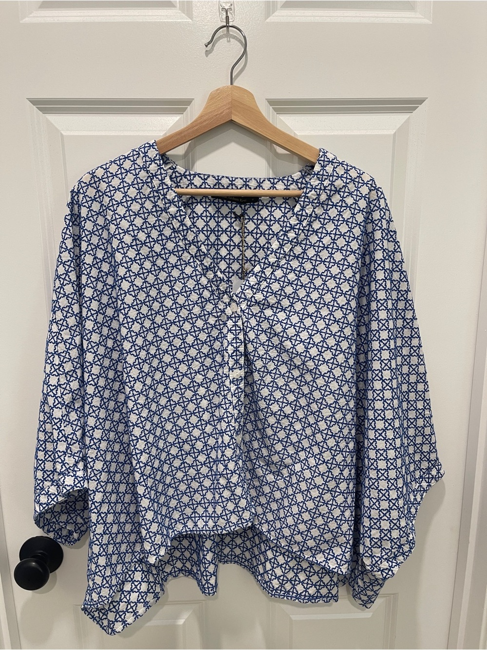 NWT Kori Blue and White Printed Button-Front Blouse